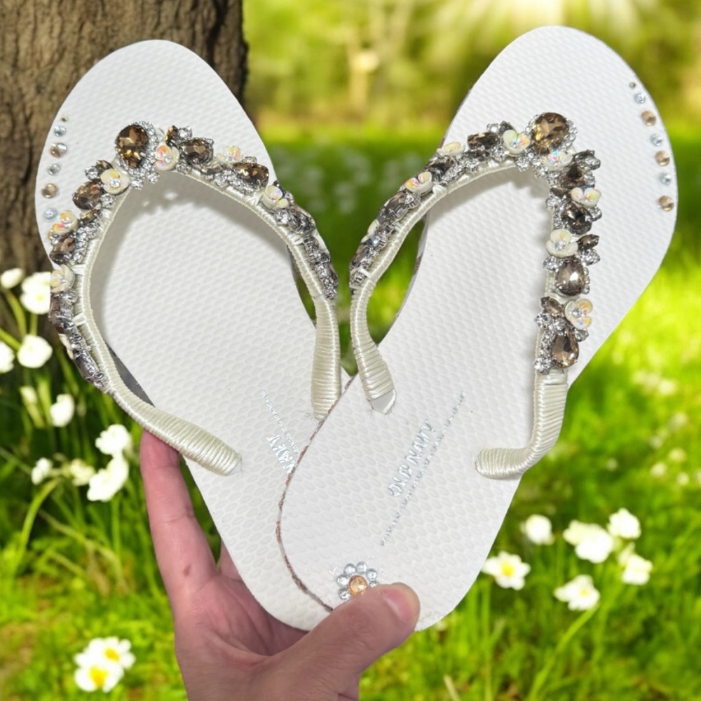 Flip Flops, Old Navy White, champagne Crystal Sandals, Bridal Shoes, Wedding
